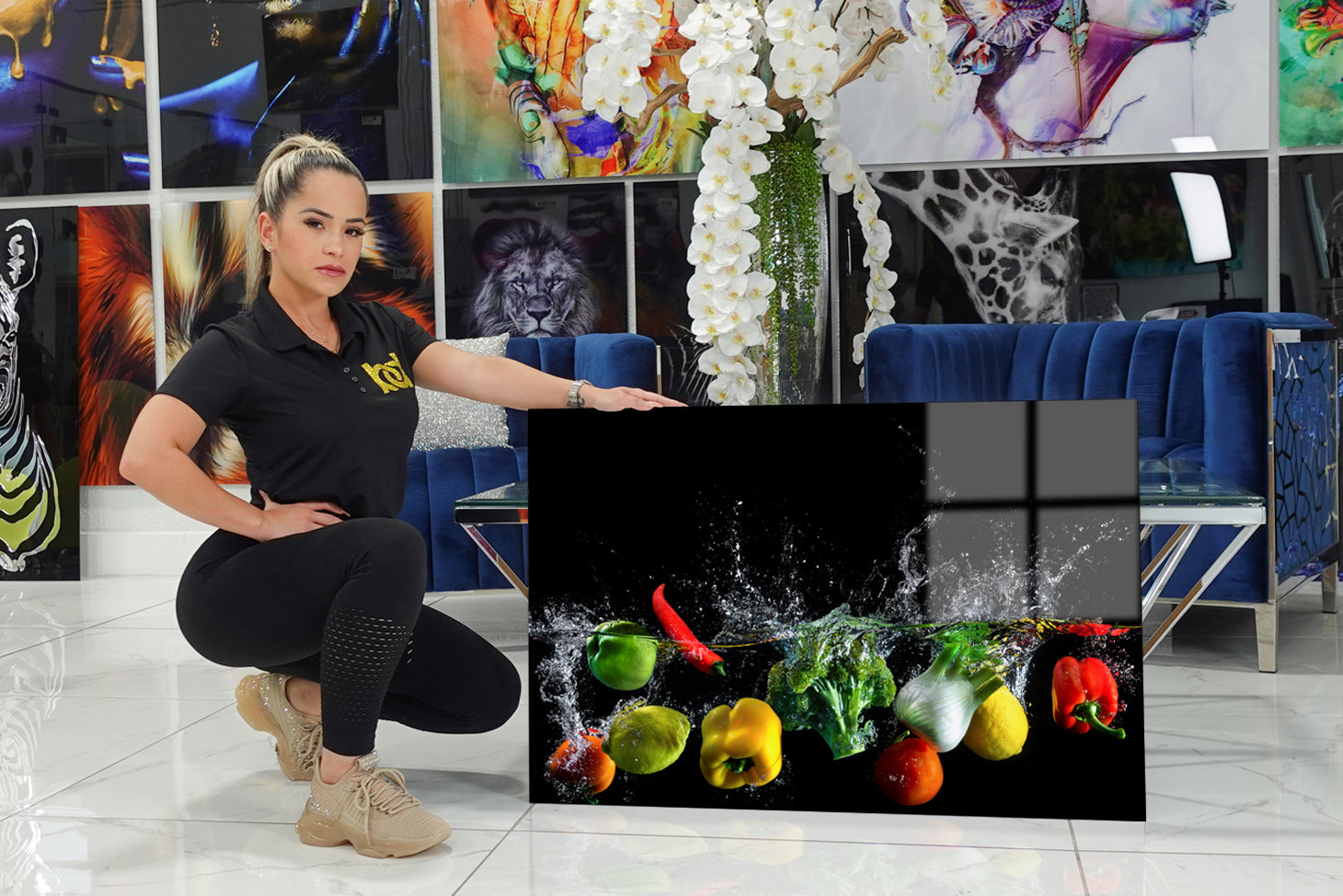 Very decorative acrylic with vegetables falling into the water.