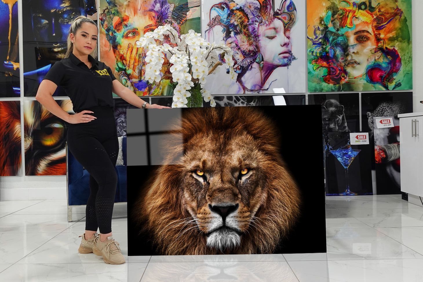 Imposing acrylic design of a lion on a black background.