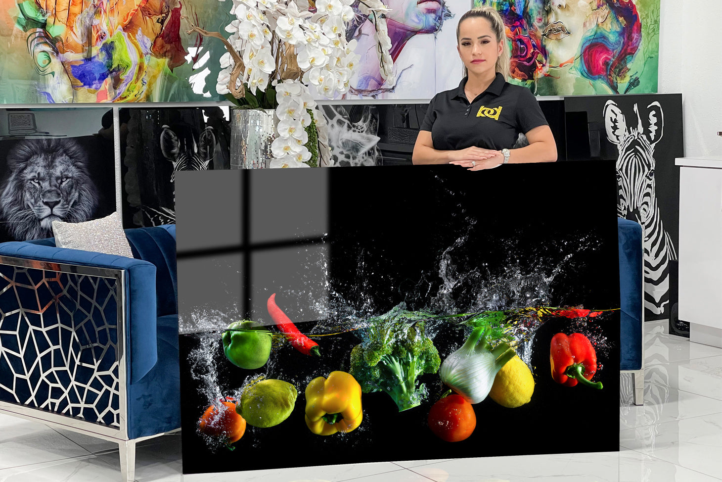 Very decorative acrylic with vegetables falling into the water.