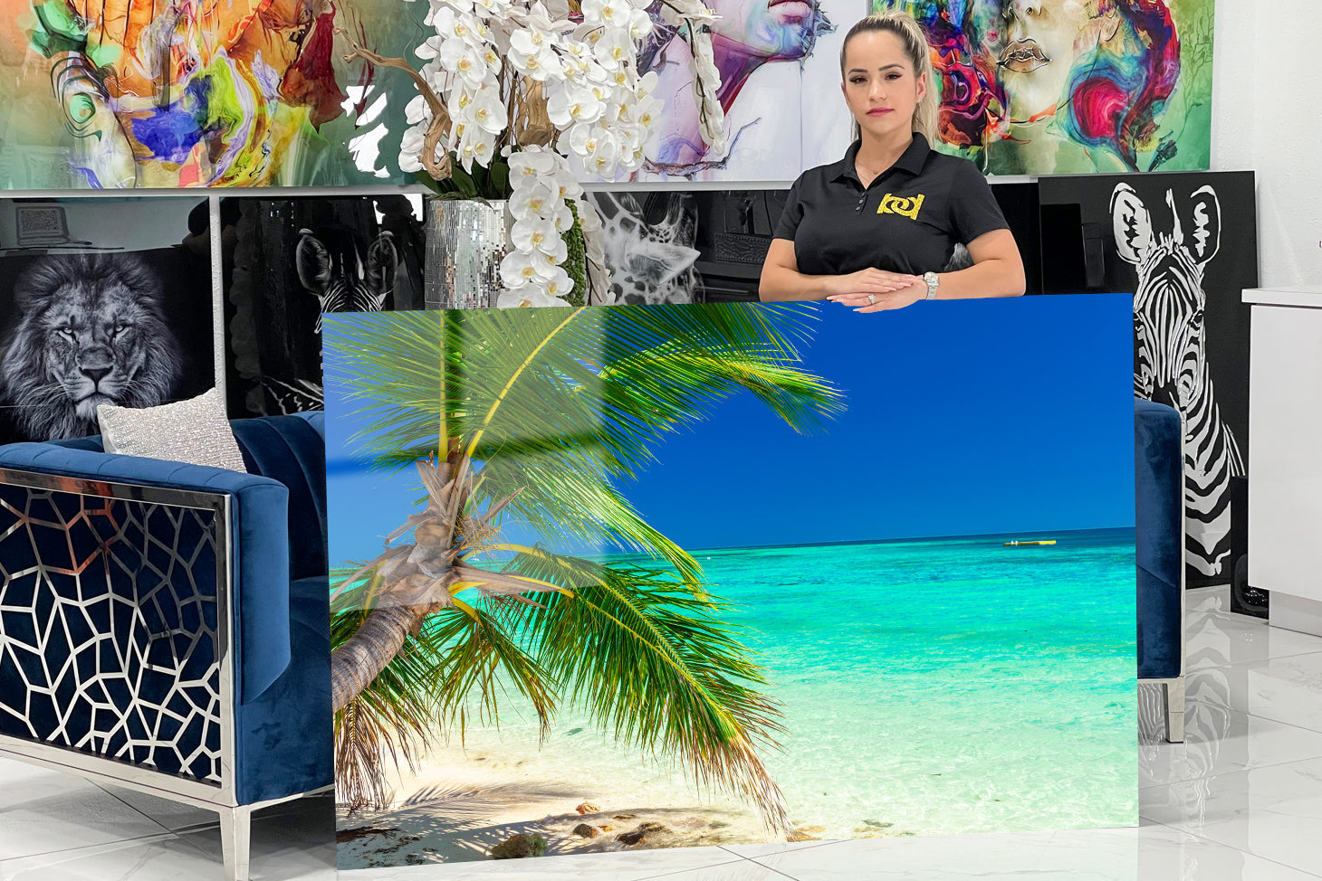 Design depicting a stunning beach, a palm tree and the sea 