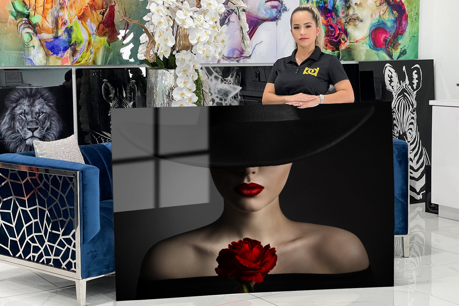 Acrylic design showing a woman with a rose.